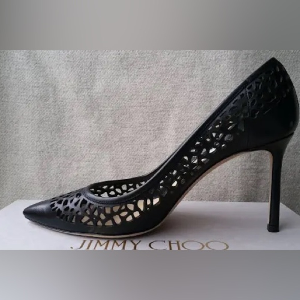 JIMMY CHOO Romy Black Leather Laser Cut Pointy Toe Pumps~Size EU 40/US 9.5